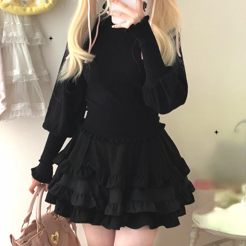 Autumn High Waist Mini Contrast Color Skirts Gothic Saia Ruffled Patchwork Pleated Women Casual College Lolita Harajuku Skirt