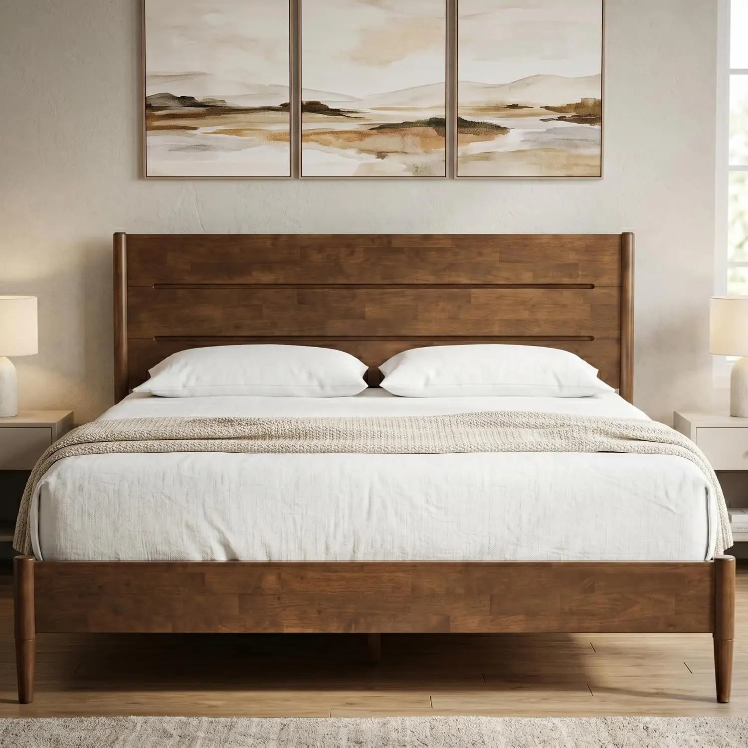 Solid Wood Platform Bed King With Headboard Walnut Finish, Customized