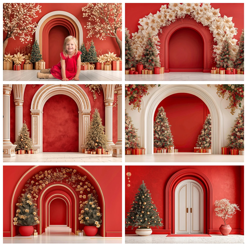

Classic Red Christmas Arch Backdrops Child Baby Photo Studio Props Adult Family Portraits Decor Xmas Tree Photography Background