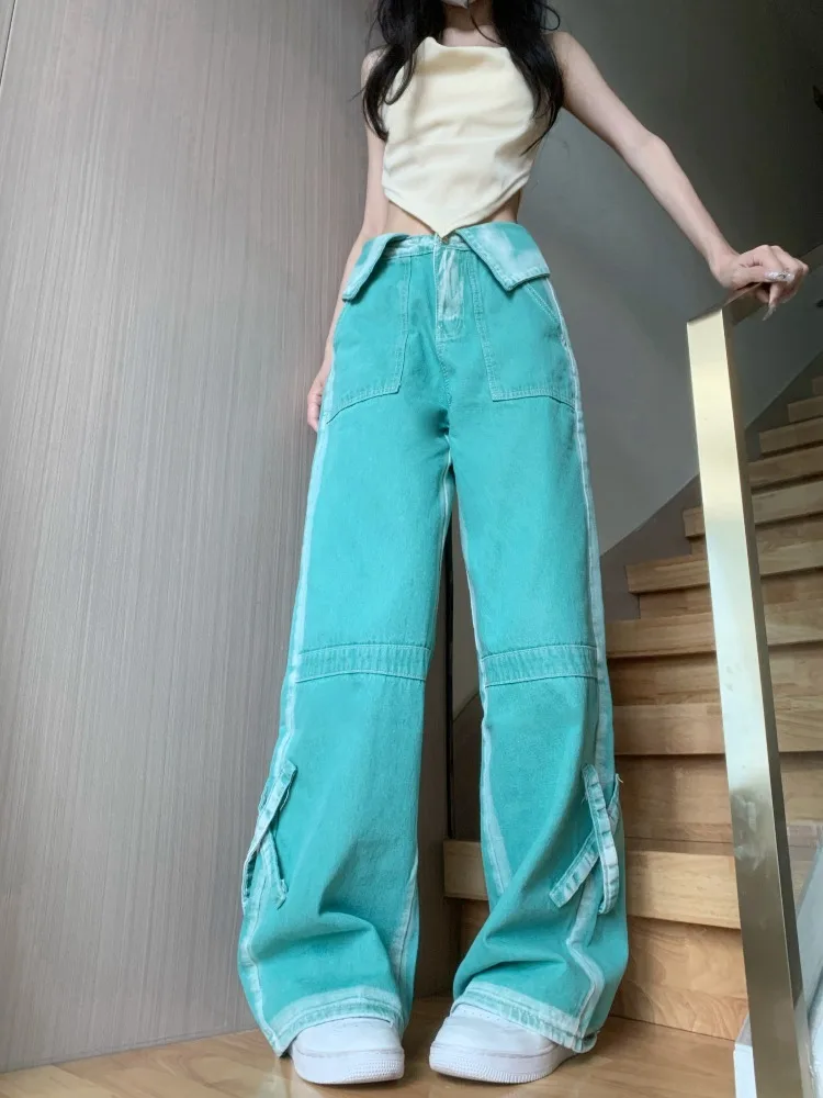 Jeans Woman High Waisted Jeans 2024 Summer New Korean Cuffs Full Length Loose Denim Pants Pockets Y2k Panelled Wide Leg Trousers