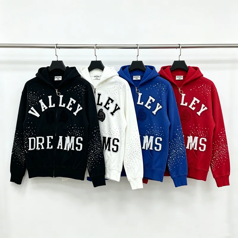 Y2K Men's Clothing VALLEY Hoodie Patchwork Embroidered Shining Diamond Zipper Oversized Hooded Sweater Fast Delivery