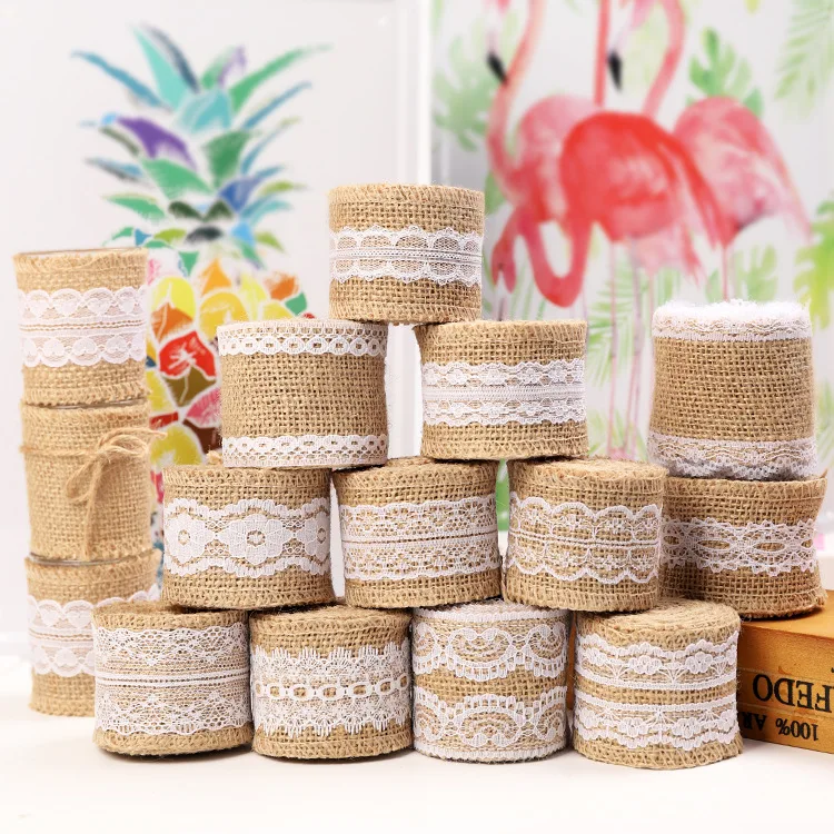 1 Meter Length Jute Burlap Rolls Hessian Ribbon White Lace Vintage Rustic Wedding Decoration DIY Crafts Party Gift Packaging