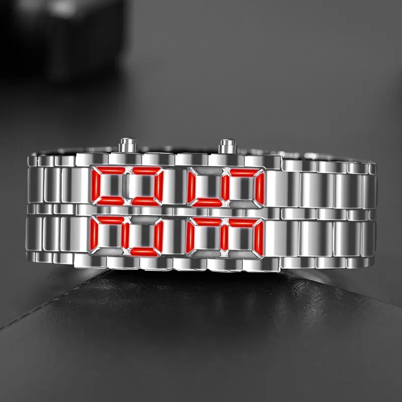 Fashion Silver Full Metal Digital Lava Wrist Watch Men Red LED Display Mens Watches Gifts for Male Boy Sport Creative Clock