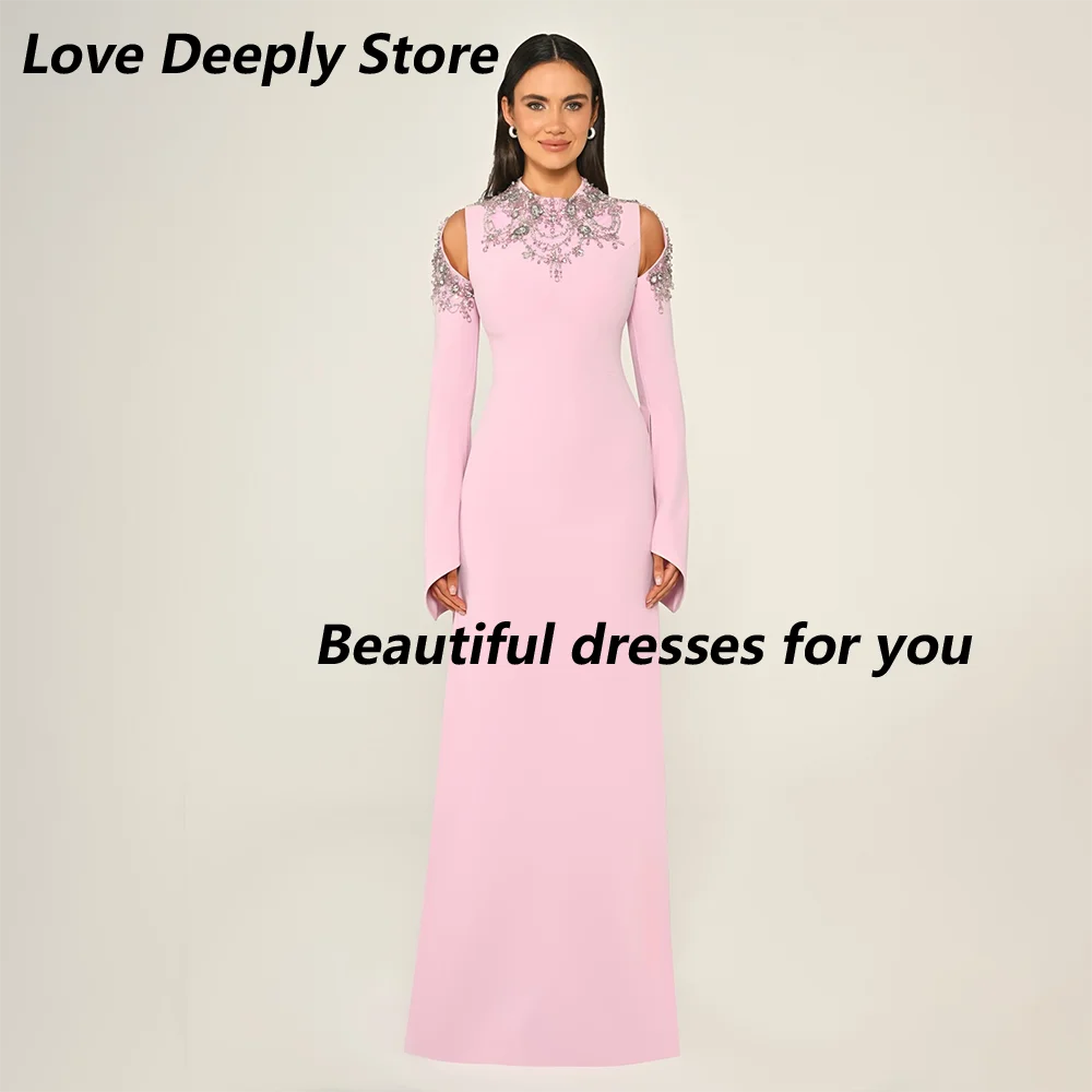 Crystal Beadings O-Neck Evneing Dress Customized Long Sleeves Black Jersey Floor Length Party Gown Saudi Arab Formal Dresses