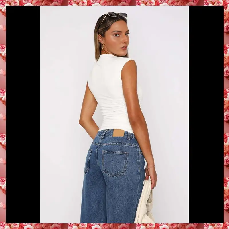 เสื้อครอปแขนกุดสําหรับผู้หญิงคอจําลอง Ruched เสื้อกล้าม Y2k ออกไปเสื้อ Solid Slim เสื้อพอดีตัว