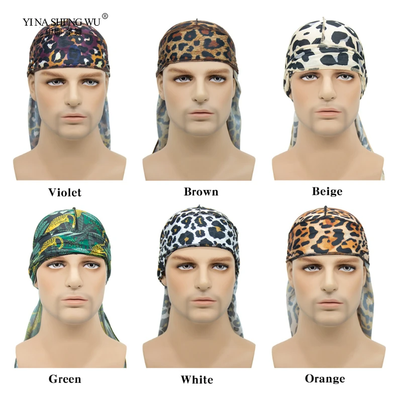 Simulazione di colore stampato sciarpa testa di seta donna uomo stampa leopardo cappello pirata Durag musulmano foulard berretti per capelli per adulti raso 120d