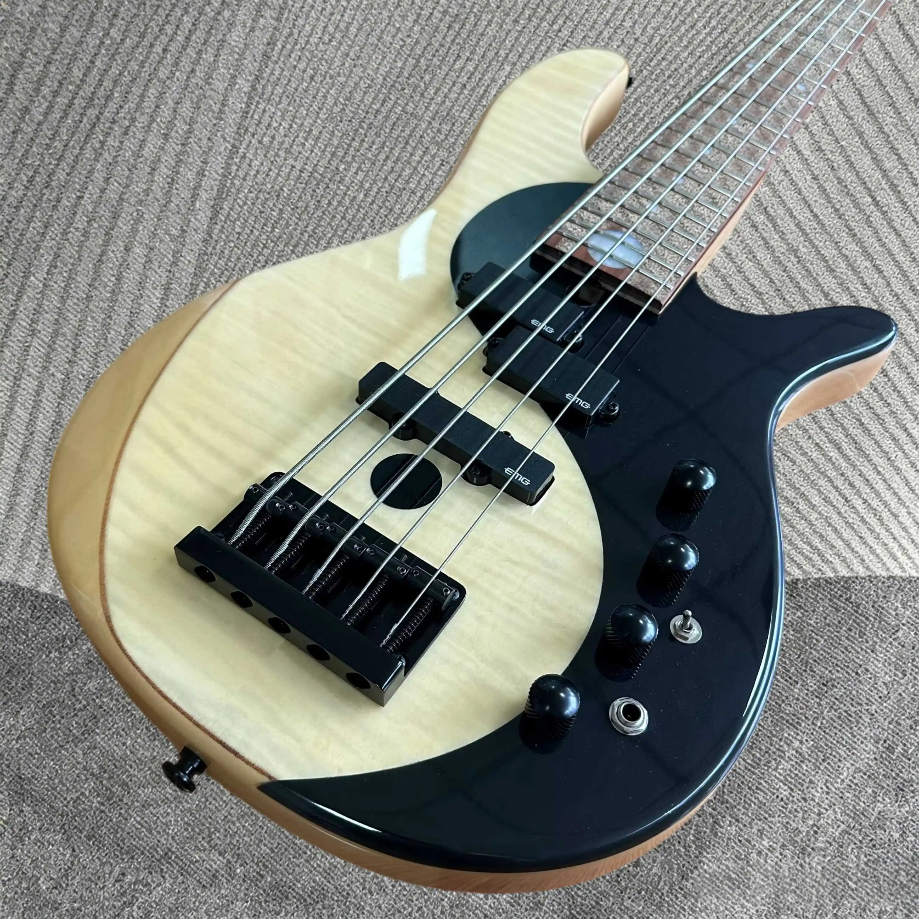5 String Yin-Yang Two-Tone Electric Bass Guitar Flamed Maple Top Full EMG Pickups Active Preamp Circuit Solid Body Bass