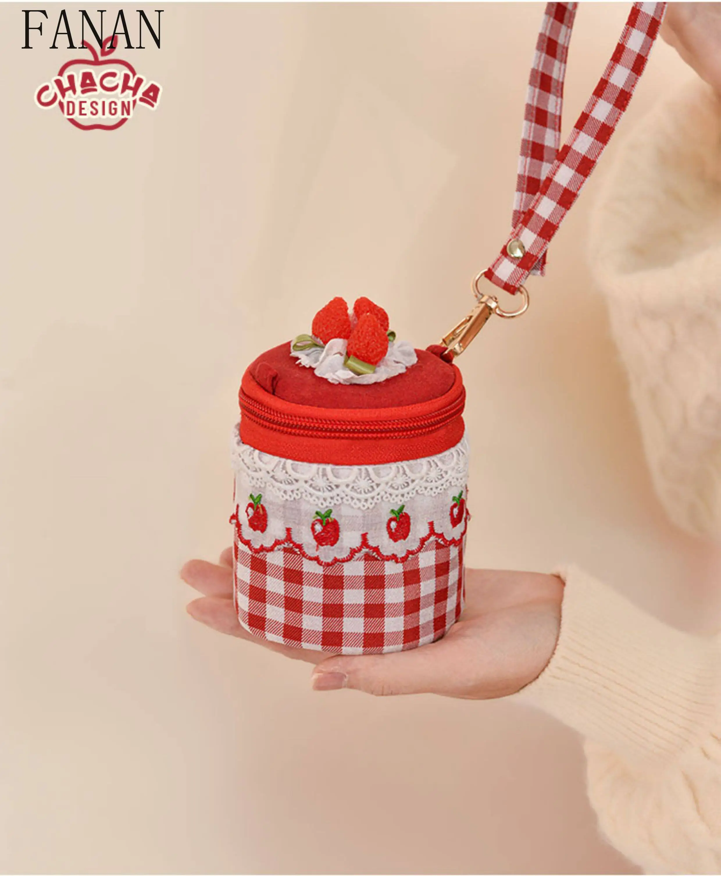 Women's Sweet Strawberry Embroidery Crossbody Bag Red Gingham Plaid Cylinder Purse with Lace Trim Girls' Kawaii Handbags