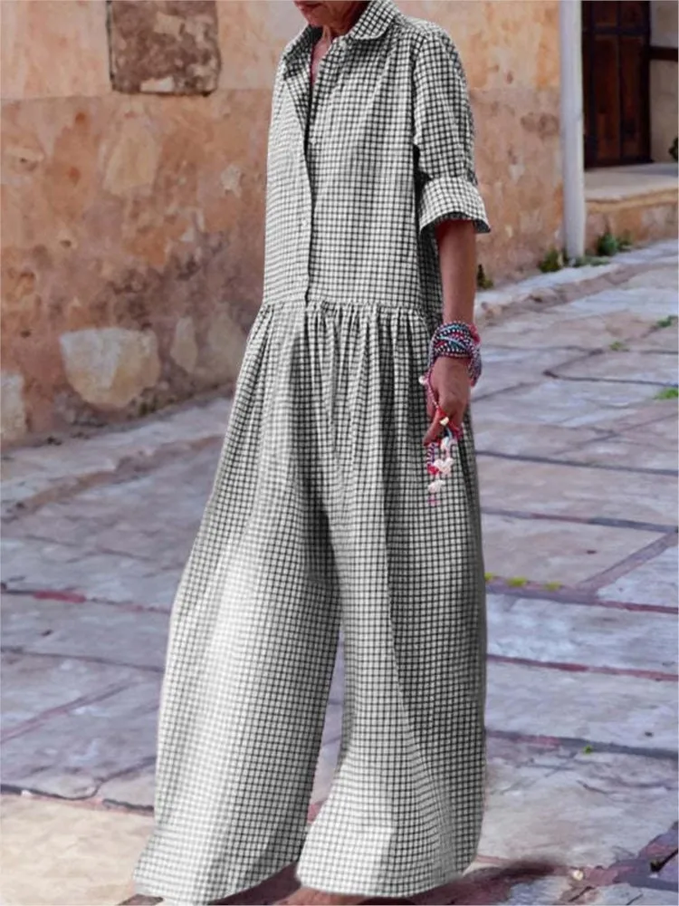 Women Plaid Jumpsuit Stylish Check Print Women's Jumpsuit With Long Sleeves Wide Legs Casual Loose Fit For Comfort For Easy