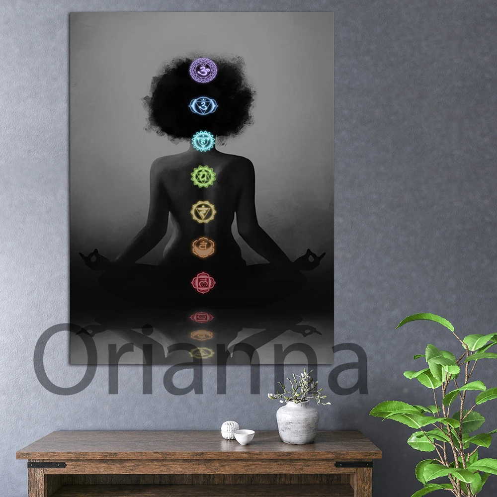 

Black Girl Yoga Meditation Poster Art Canvas 7 Chakras Black Woman Mandala Namaste Love Yoga Print African Woman Yoga Wall Decor