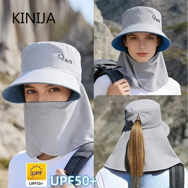 UPF50+ Sonnenschutz-Fischerhut mit Nackenschutz, kühlender Eisseide, atmungsaktiv, mit Pferdeschwanzloch für Damen, Outdoor-Sport- und Reithut