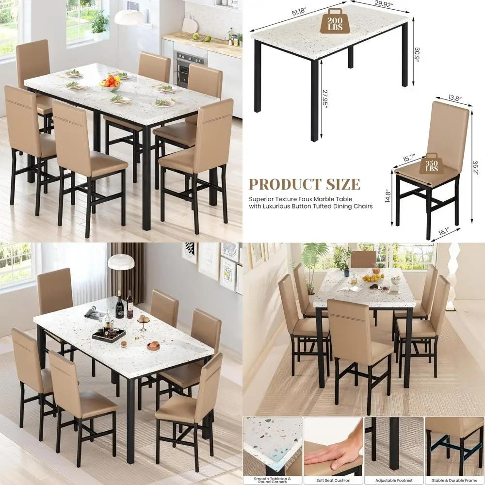 7-Piece Faux Marble Dining Set with 6 PU Leather Chairs for Kitchen