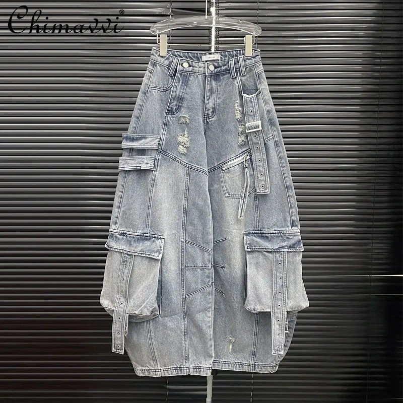 

European Station 2025 Spring and Summer New Tooling Pockets Niche Design Heavy Industry Loose Wide Legs Long Jeans Women