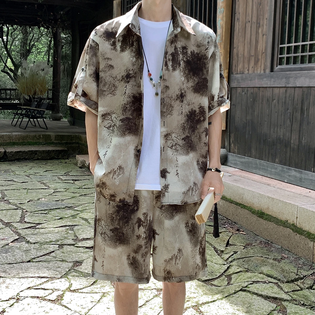 

2026 Summer set Thin Loose Tie-Dye Camouflage Suit Men's Fashion Trend Hip-Hop Loose style Comfortable Suit men shirts+shorts