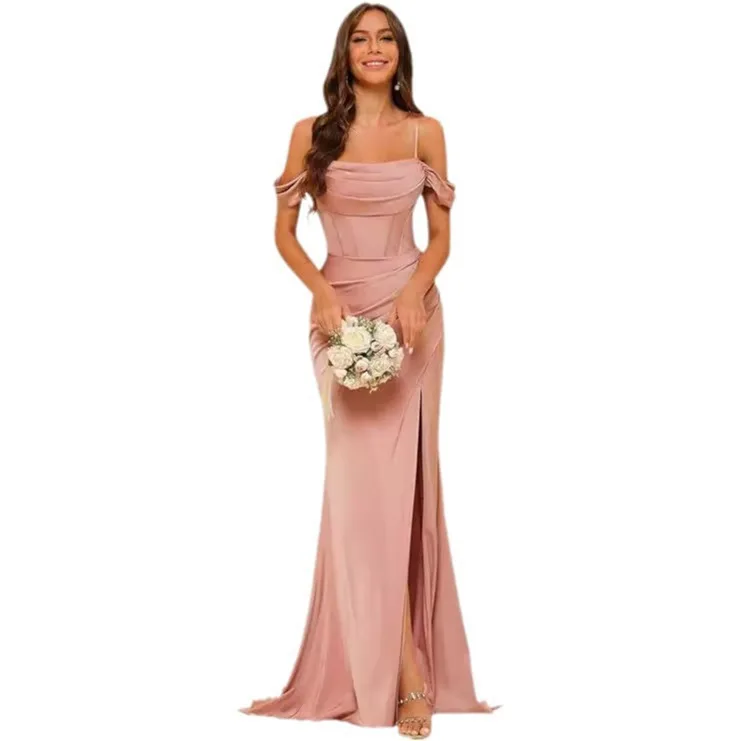 Abito da damigella d'onore in raso con spalle scoperte, scollo a cappuccio, arricciato, con spacco alto, modello a sirena, lungo, per feste di matrimonio ed eventi formali