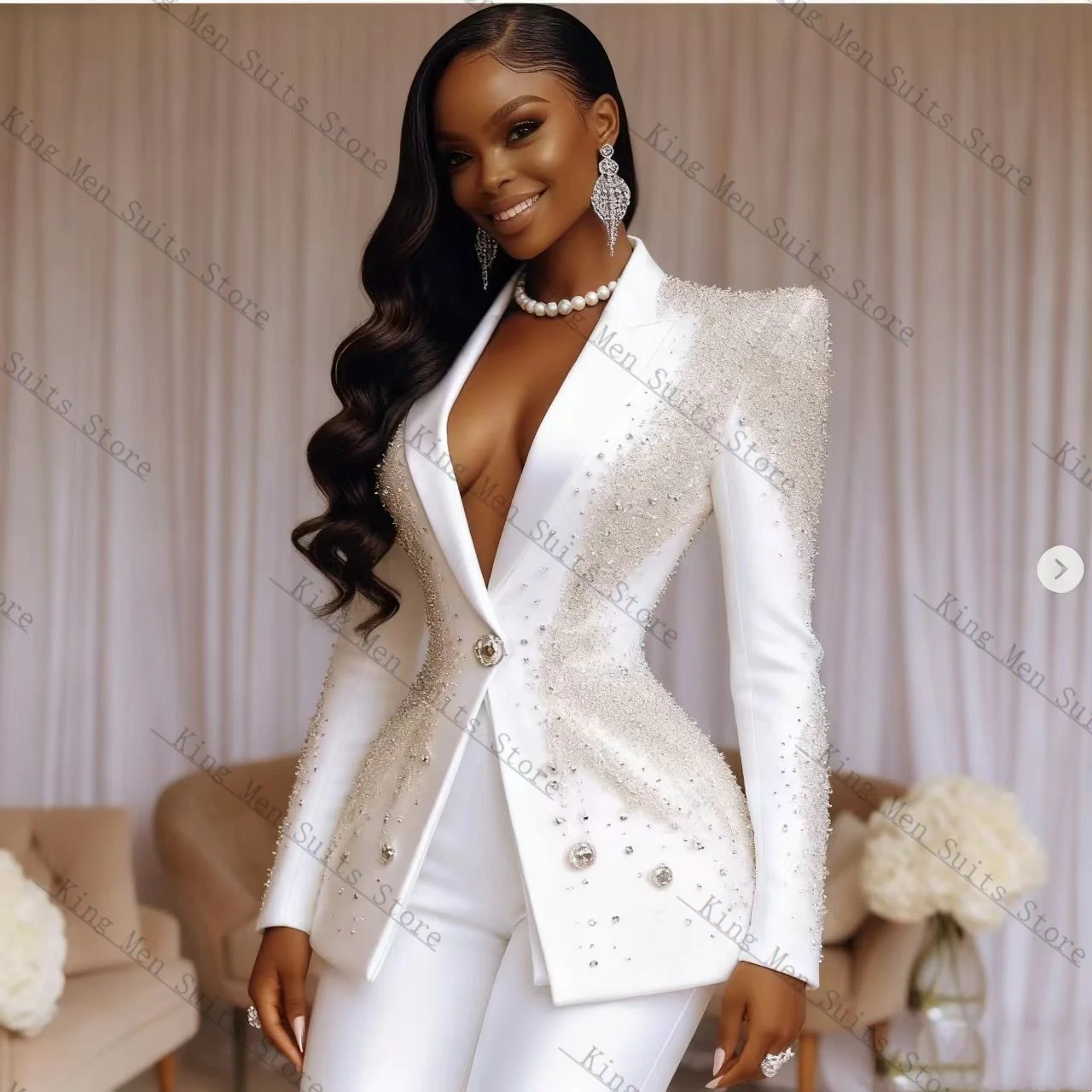 White Pearls Women Suit Set 2 Pcs Blazer+Straight Pants Trousers Luxury Customized Formal Guest Wedding Tuxedos Coat Jacket image 3