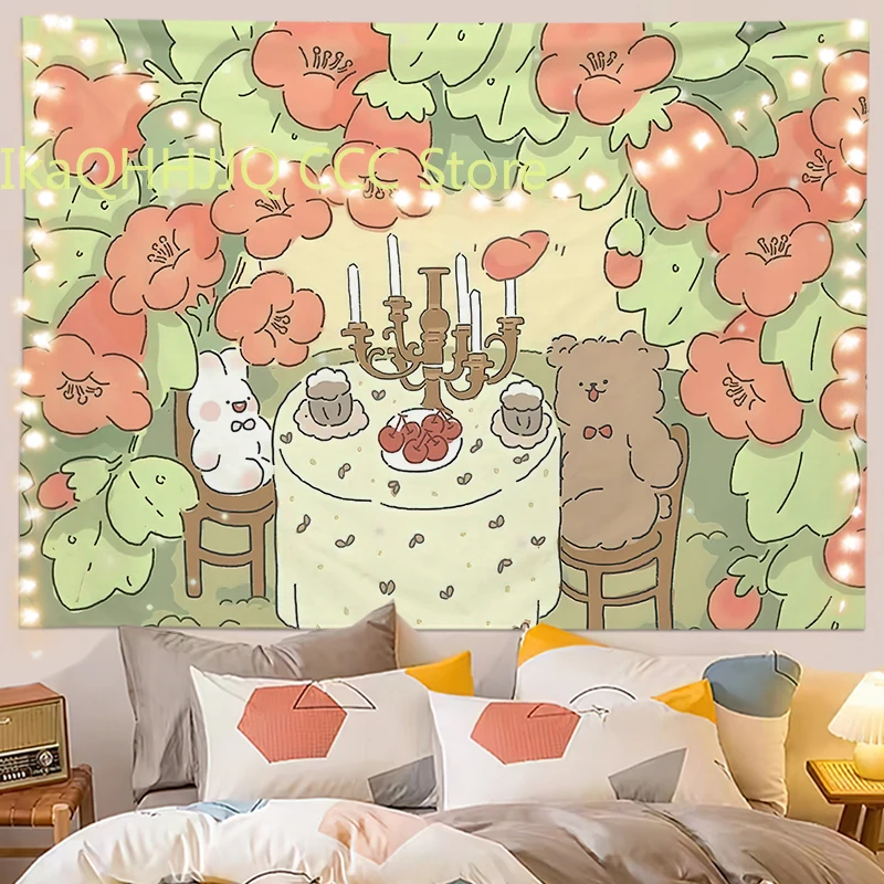 Tapestry Custom Healing Bear and Rabbit Kawaii Background Hanging Cloth Girls Room Bedroom Dormitory Decorative Wall Tapestries