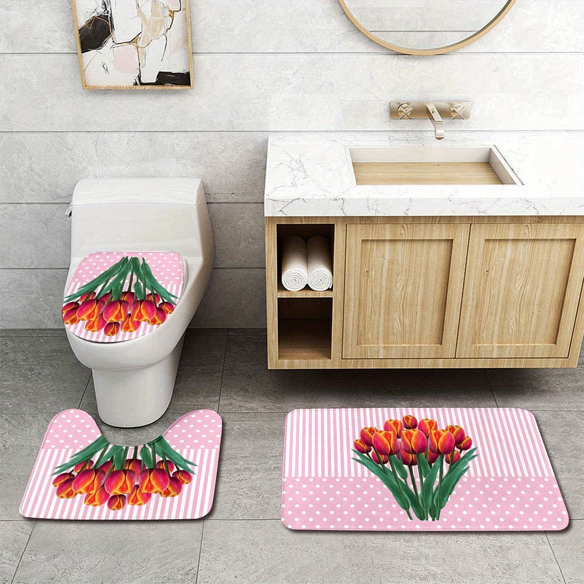 3pcs Soft Pink Tulip Bathroom Set - Non-Slip Toilet Lid Cover, U-Shaped & Matching Mat, Plush Flannel-like with Red/White Tulip
