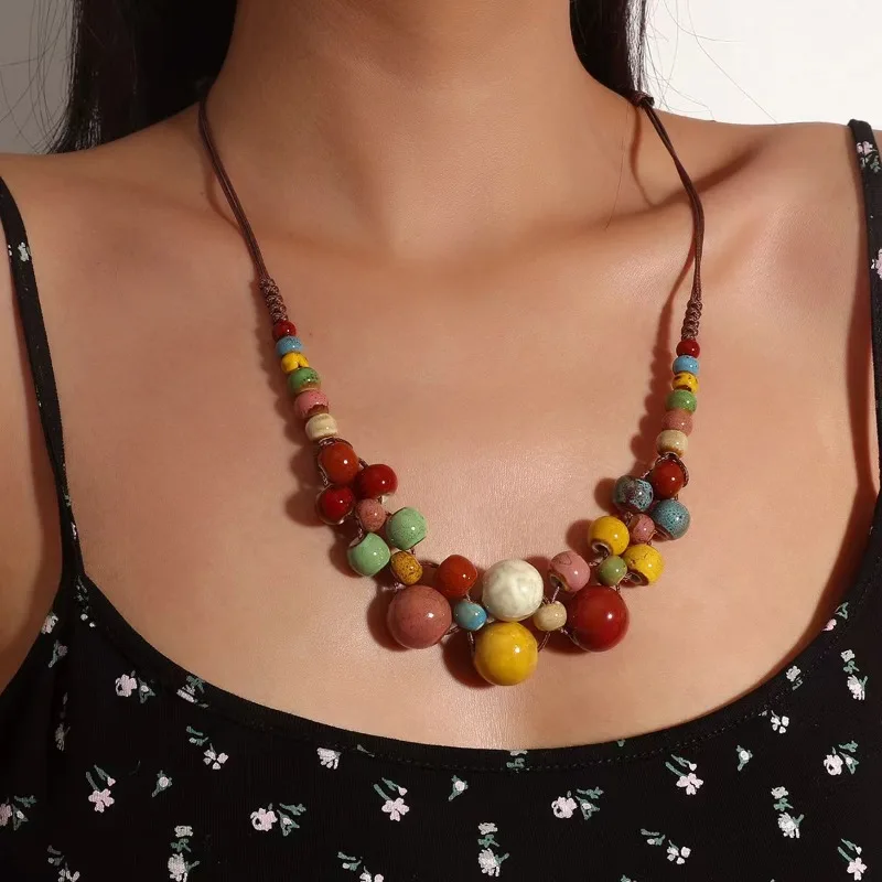 Colorful Handmade Ceramic Necklace Multilayer Adjustable Boho Bohemian Colored Choker Ethnic Style Beaded Jewelry Niche Design