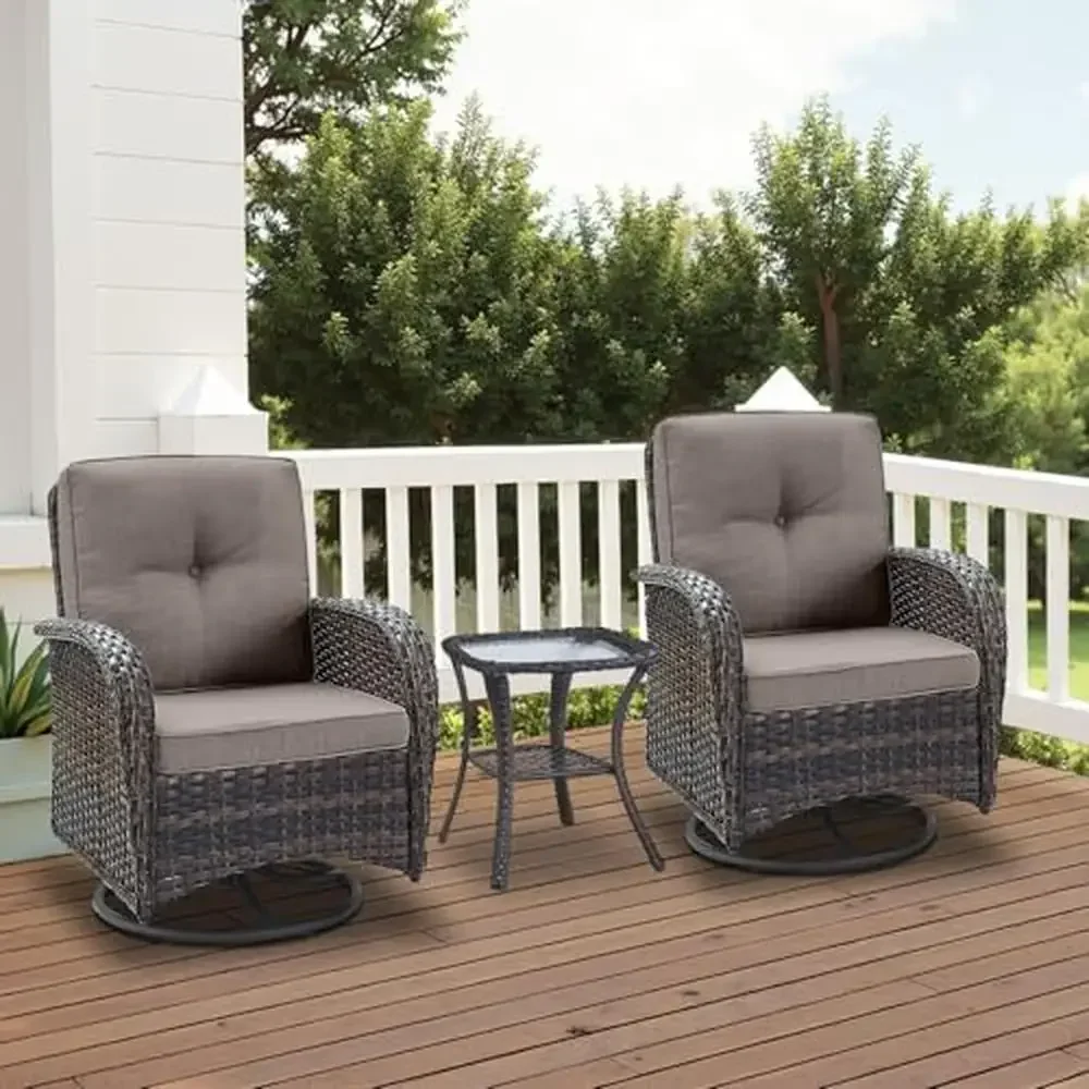 Outdoor Swivel Glider Chairs Set with Glass Side Table Patio Bistro Furniture Comfort Cushions High Resilience PE Wicker