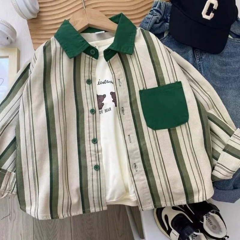 

Children's Corduroy Stripe Shirt Autumn 2025 New Style Little Boys Rascal Handsome and Stylish Boys' Spring and Autumn Top 2-10Y