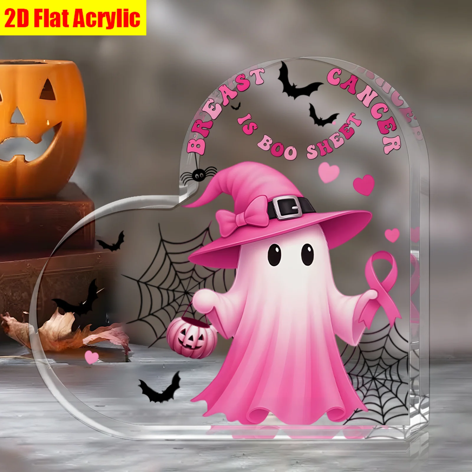 2D Flat Halloween Breast Cancer Heart-Shaped Acrylic Plaque, Bow Breast Cancer Ghost Decoration, Halloween Gift, Men And Women Gift, Friendship Gift, Friend Gift, Office, Home, Desktop Decoration Additions, Family Gift, Sisters Gift