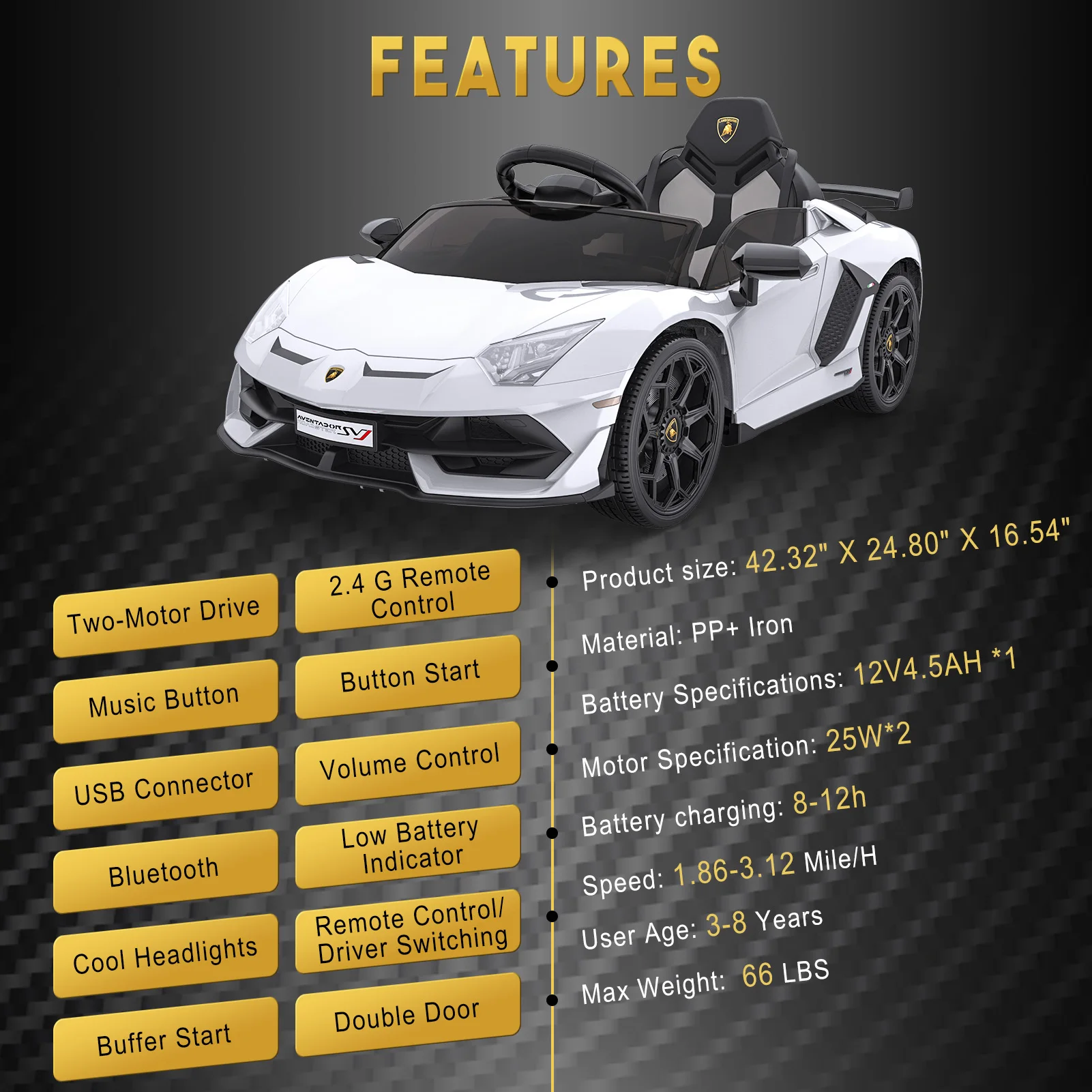 Licensed 12V Electric Ride-On Car for Kids – Battery Powered Sports Car Toy with Remote Control, 2 Speeds, LED Headlights, Hydraulic Doors, MP3 Player, for Boys & Girls