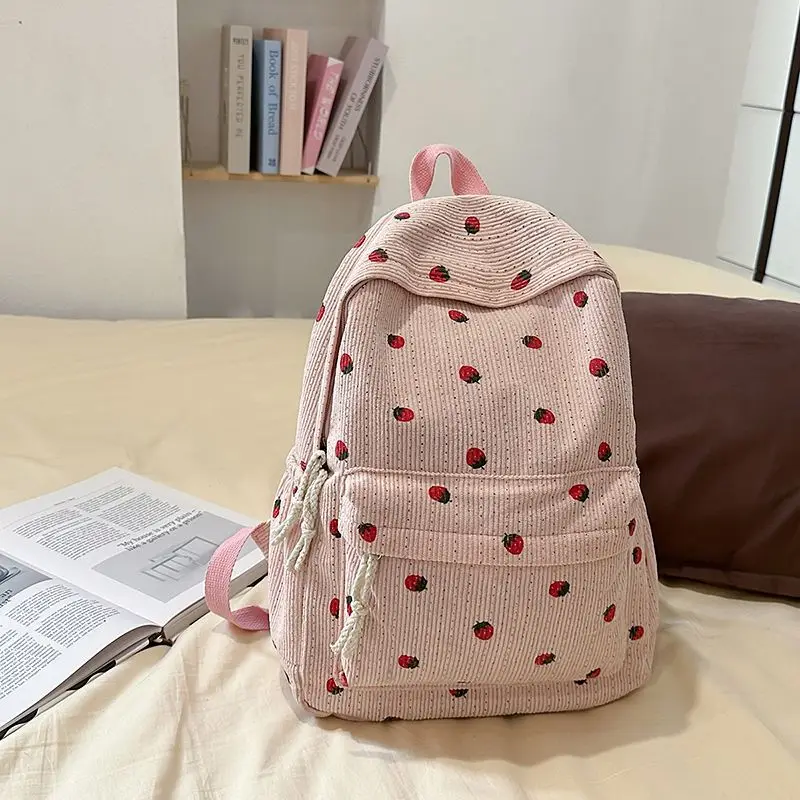 Large Capacity Corduroy Strawberry Student School Bag Multi-pockets Travel Backpack Adjustable Strap	Versatile Simple Cute