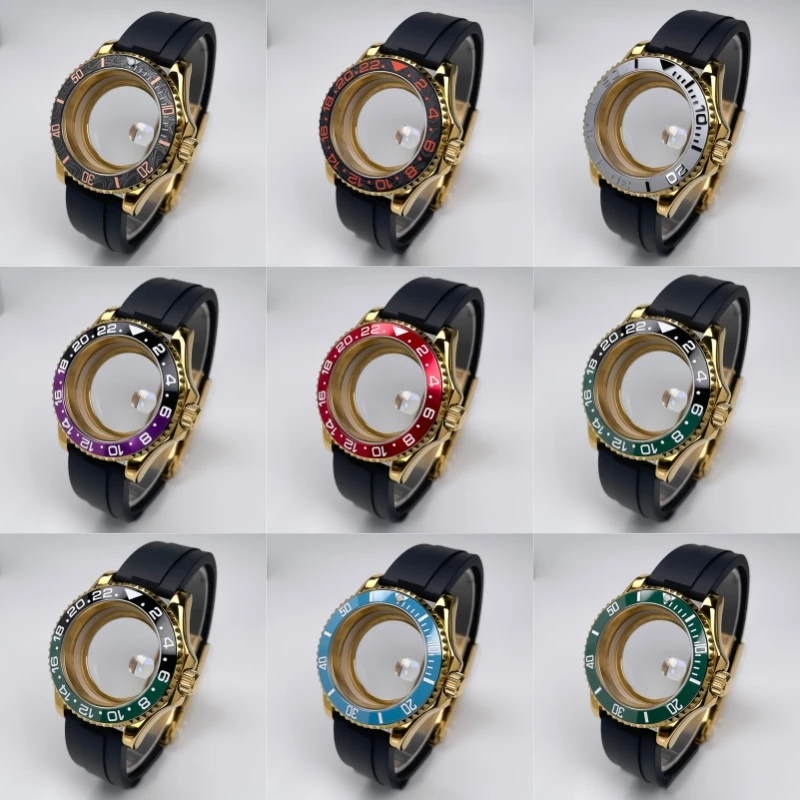 NH35 Case 40mm Full Yellow Gold YM Design Two-Way Rotating Bezel Rubber Strap Sapphire Glass NH35 NH36 NH34 Movement Watch Case