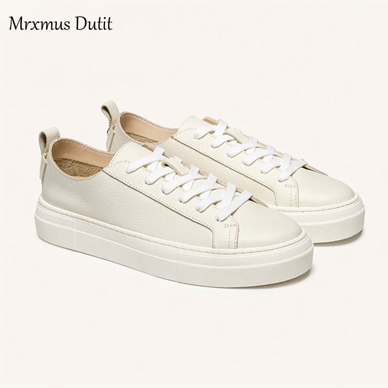 Mrxmus Dutit New 2022 Shoes For Women Fashion Genuine Leather Lacing Flat Shoes Female Solid Simple All-match Casual Sneaker