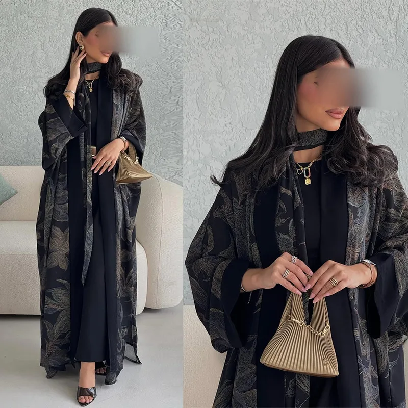 Wholesale Islamic Clothing Elegant Abaya Dubai Muslim Women Modest Dress Chiffon Printed Abaya 2pcs Hijab Dress Abaya Set