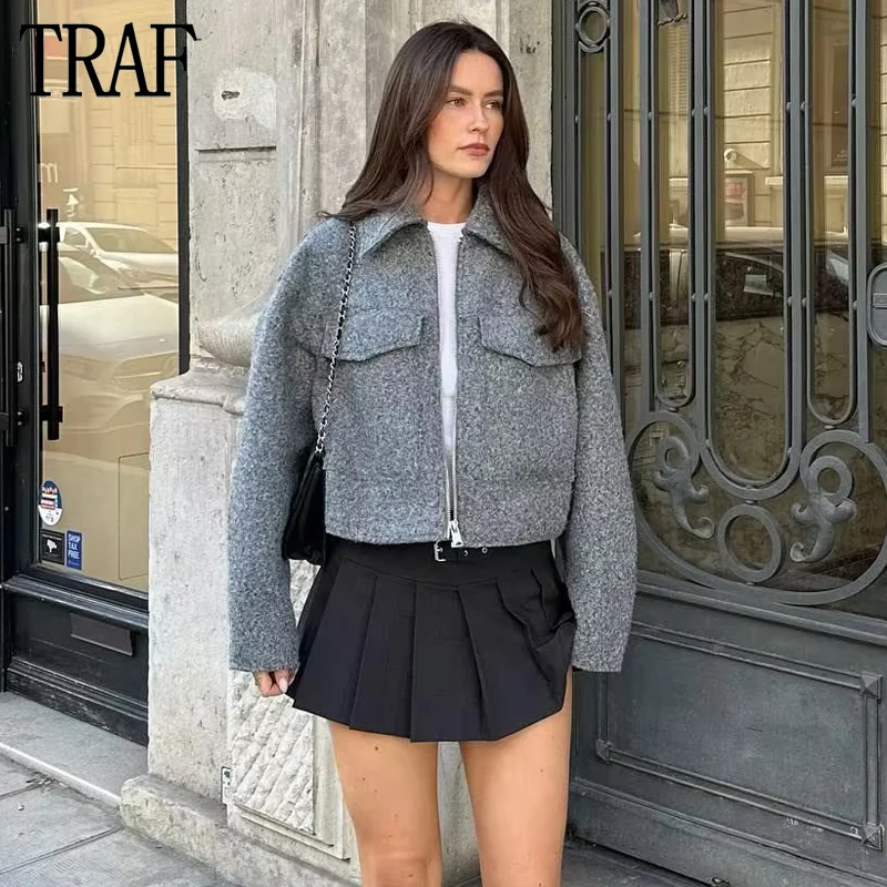 TRAF 2024 Tweed Cropped Jacket Women Grey Zip Oversize Jacket Woman Long Sleeve Casual Jackets for Women Streetwear Soft Coats