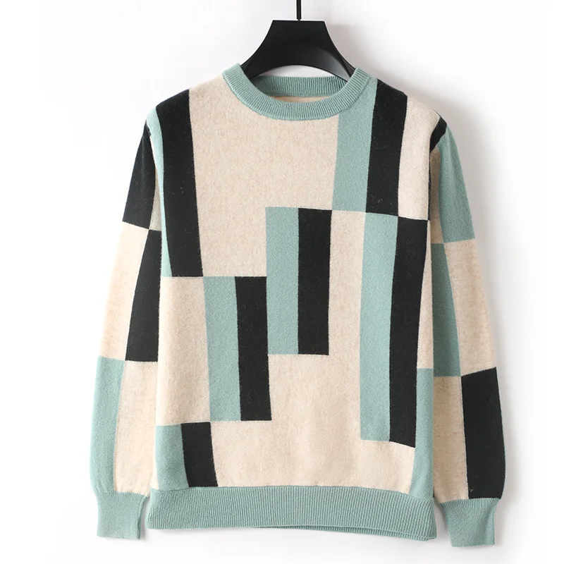 Autumn Winter New 100% Pure Wool Men's Round Neck Color Matching Pullover Sweater Loose Versatile Cashmere Knit Bottoming Shirt