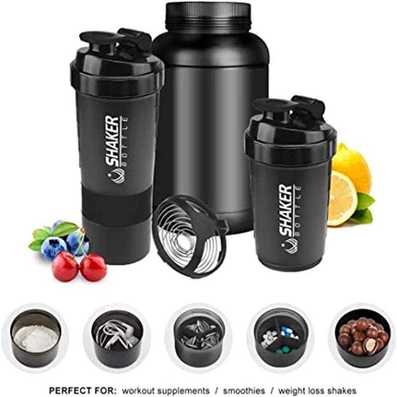 500ml Protein Shaker Cups with Powder Storage Container Mixer Cup Gym Sport Water Bottles with Wire Whisk Balls Drinkware