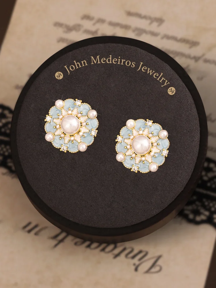 John Medeiros Enamel Flower Pearl Earrings Luxury Women's Blue Pin on Earrings Ele Pure Color Gift Box Paaging