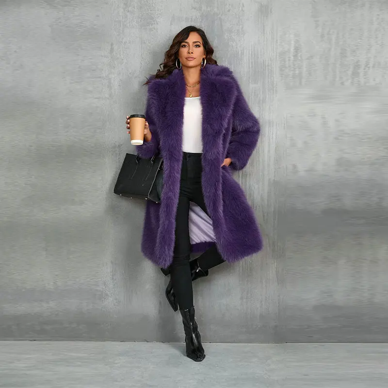 

Temperament Quality Fur Coat Female Mid-Length Faux Fox Fur Suit Collar Thickened Faux Fur For Warmth Plush Woman Winter Coats