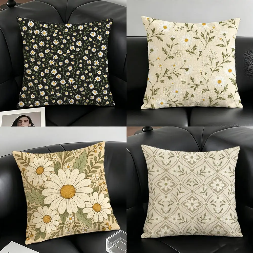 Boho Neutral Daisy Vine Cushion Cover Natural Linen Organic Fabric Double-Sided Printing Breathable For Home Decor
