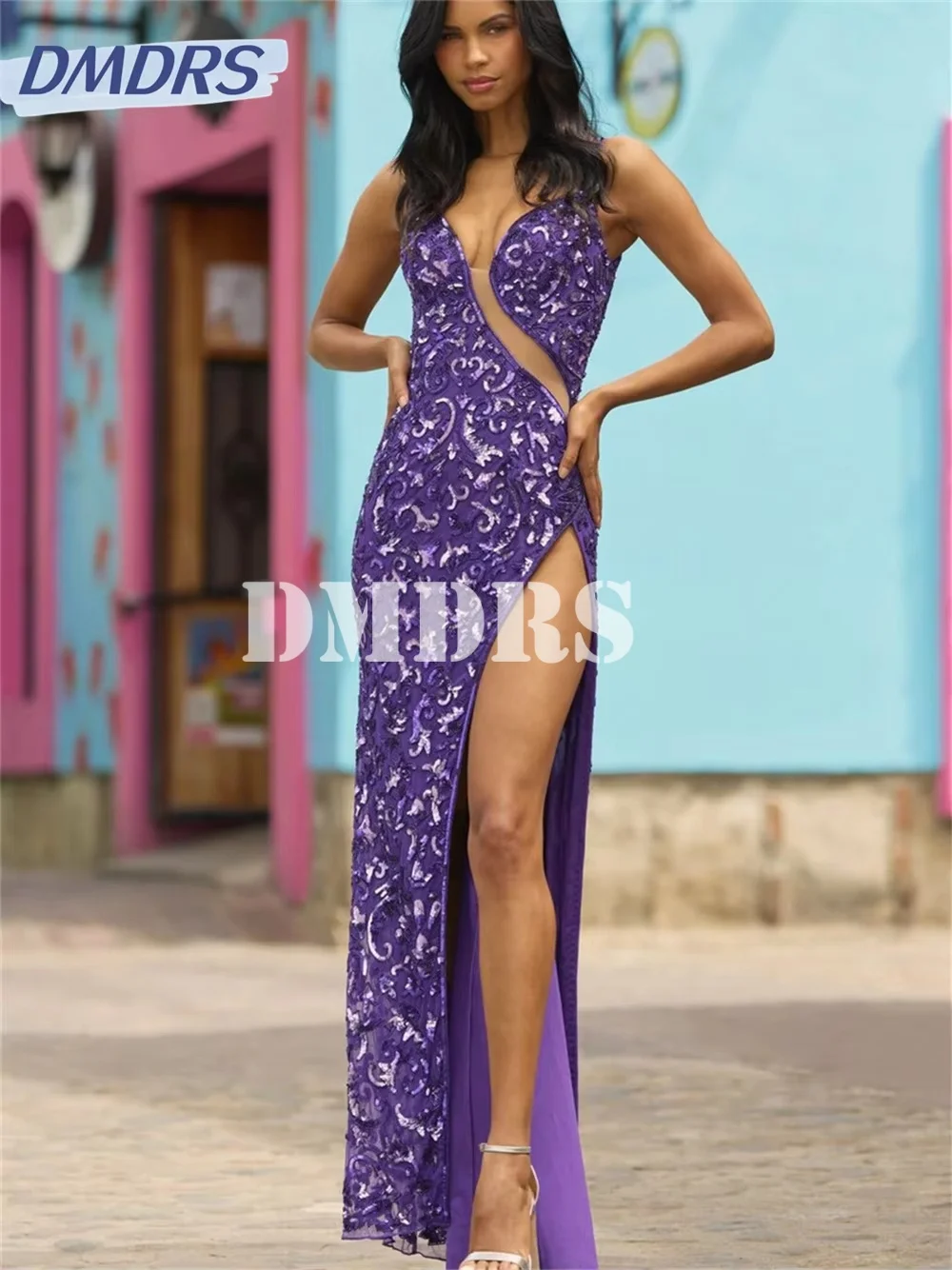 

Sexy Sequined A-Line Prom Dress 2025 Charming Side Slit Evening Dress Elegant Sleeveless Gown Vestidos De Novia