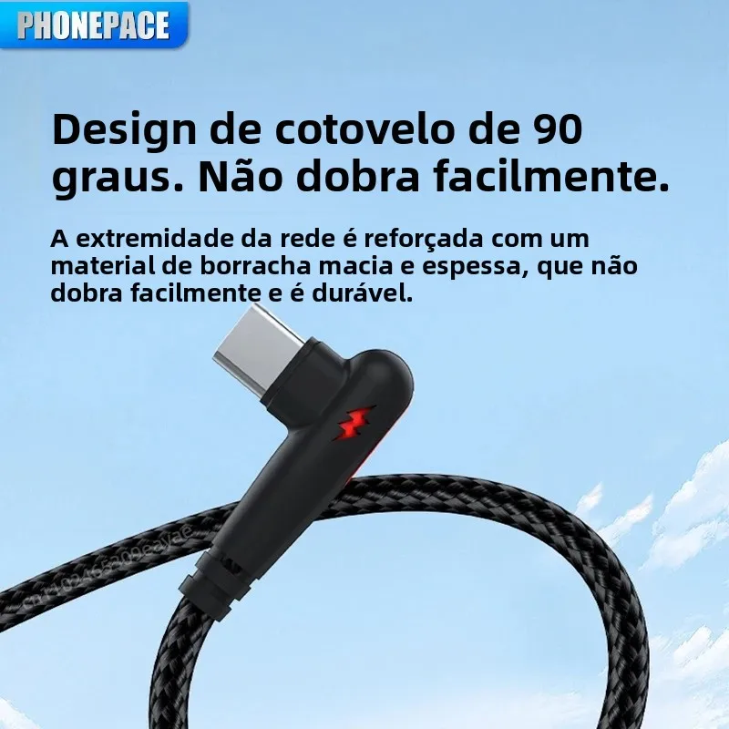 Cabo de Carregamento Rápido PHONEPACE 120W Trançado com Ângulo de 90 Graus para Dispositivos Tipo-C, Transferência de Dados em Alta Velocidade USB para Tipo C
