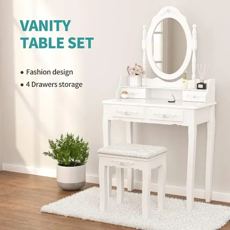 Table Set ,Makeup Table with Oval Mirror & Stool, Bedroom Wood Dressing Table with 4 Drawers White