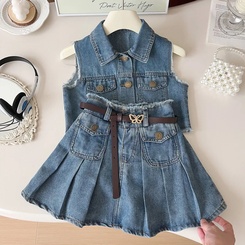 2026Girls' Summer New Korean Style Fashionable Sleeveless Fringed Vest and Pleated Skirt Denim Two-Piece Set