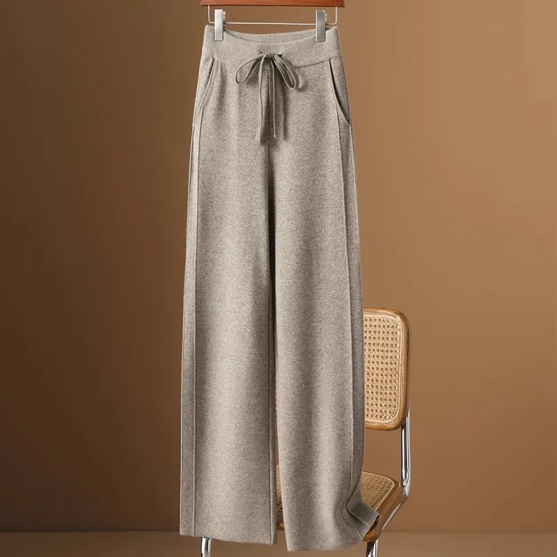 High Waist Wide Leg Woolen Pants Women's Deep ey Floor Length Trousers Spring Winter New Sle Slimming Casual Pants