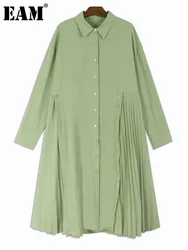 [EAM] Women Green Hem Irregular Pleated Big Size Shirt Dress New Lapel Long Sleeve Fashion Tide Spring Autumn 2024 1DH6769