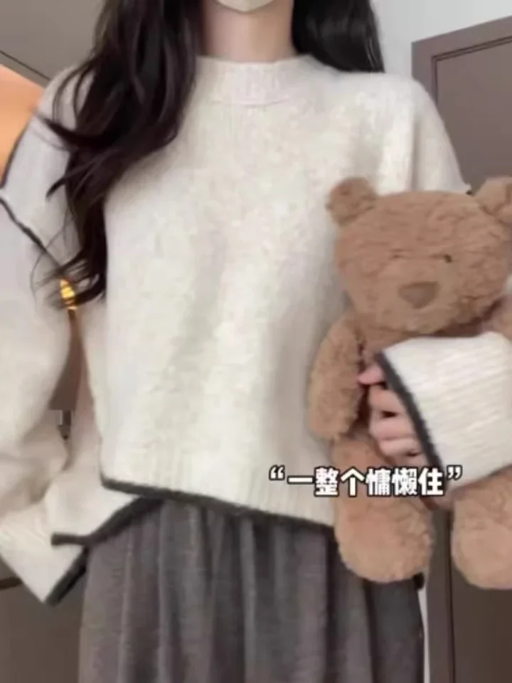 Suéter de Color de contraste Irregular para mujer primavera otoño Casual cuello redondo versátil suave suelto Top de punto jersey coreano de manga larga