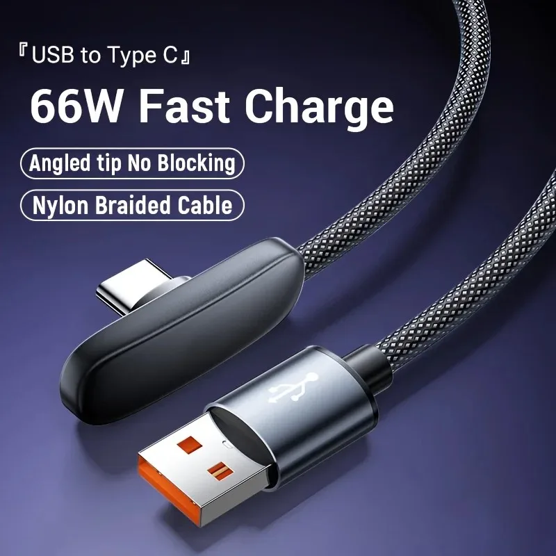 100W 6A Elbow USB-C Charging Cable, High Speed Data Cord for Samsung Huawei Xiaomi Oppo Vivo Android Phone