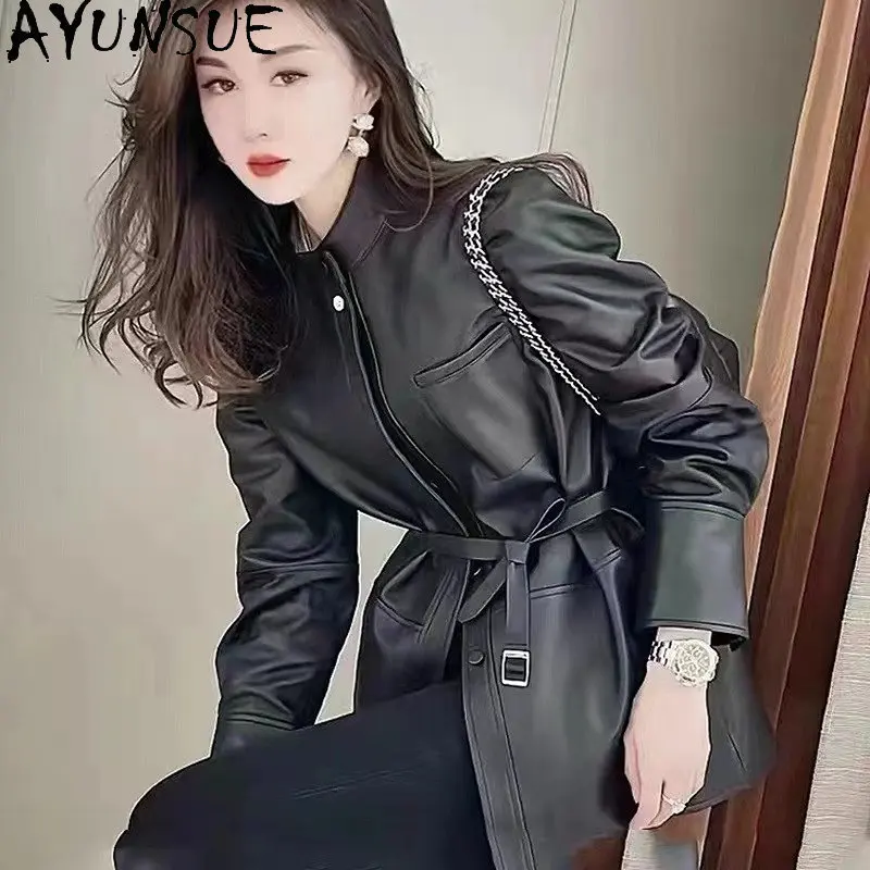 AYUNSUE Real Sheepskin Jacket Women Mid-length Genuine Leather Jackets for Women 2023 Spring Slim Leather Coat Casaco Feminino