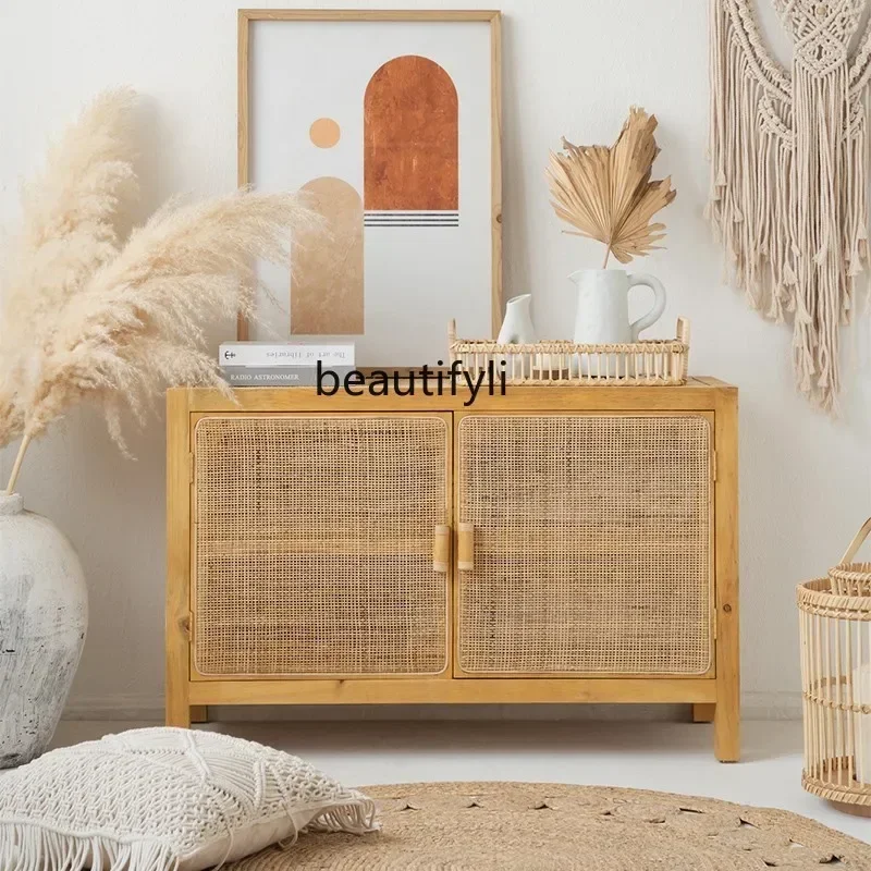 Comodino moderno e minimalista in legno massello Armadietto portaoggetti per camera da letto con tavolino creativo in rattan nordico