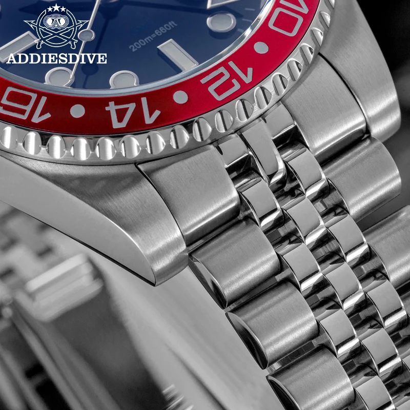 Мужские часы ADDIESDIVE GMT 515-24H с двумя часовыми поясами, водонепроницаемые до 200 м, с керамическим безелем, люминесцентной подсветкой BGW9, из стали 316L, кварцевые.