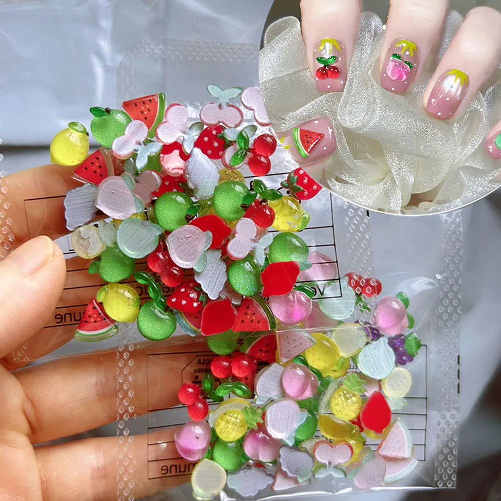 100pcs 3D Resin Fruit Nail Art Rhinestones Summer Strawberry Cherry Grape Watermelon Pineapple Nail Gems Acrylic Nail Decor10mm