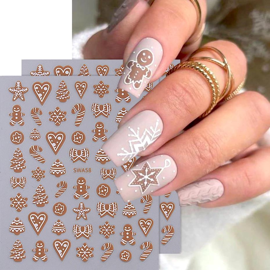

2pcs 3D Christmas Gingerbread Man Nail Stickers Cute Candy Bows Heart Nail Slider Winter Snowflake Nails Decorations Accessories